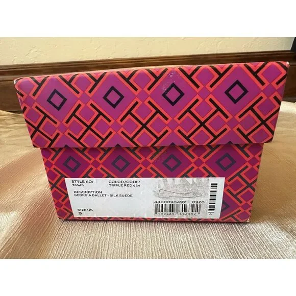 NEW ish Tory Burch Georgia Square Toe Silk Suede Triple Red Ballet Flat Sz 9 Box - Picture 16 of 16